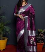 Wine soft silk blend banarasi jacuard work designer party wear saree with unstitched blouse piece