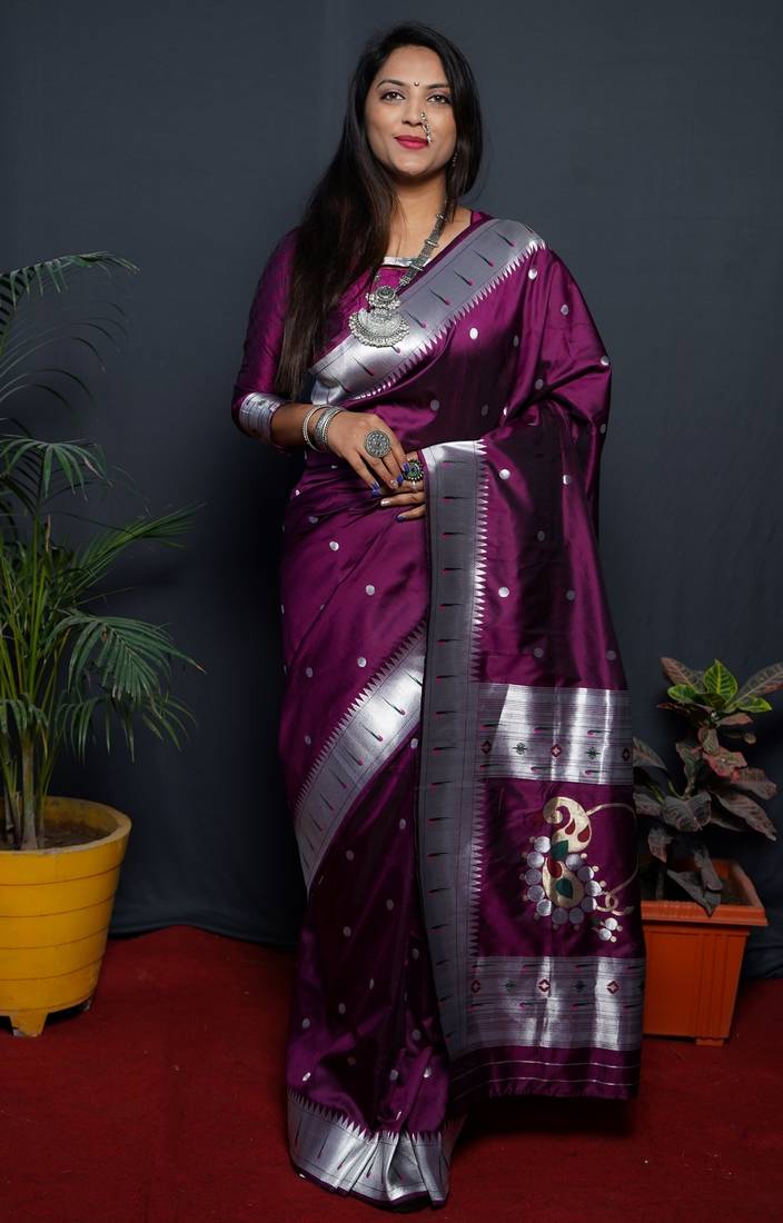 Wine soft silk blend banarasi jacuard work designer party wear saree with unstitched blouse piece