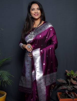 Wine silk blend banarasi saree with unstitched blouse piece 2