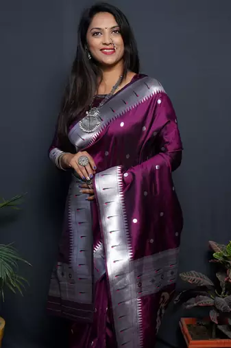 Wine silk blend banarasi saree with unstitched blouse piece