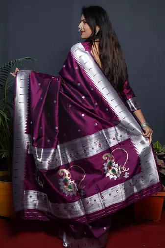 Wine silk blend banarasi saree with unstitched blouse piece