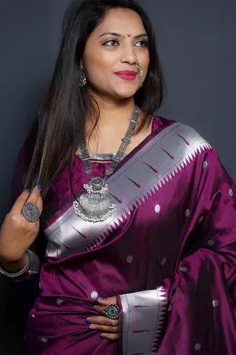 Wine silk blend banarasi saree with unstitched blouse piece