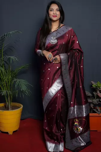 Maroon soft silk blend banarasi jacuard work designer party wear saree with unstitched blouse piece