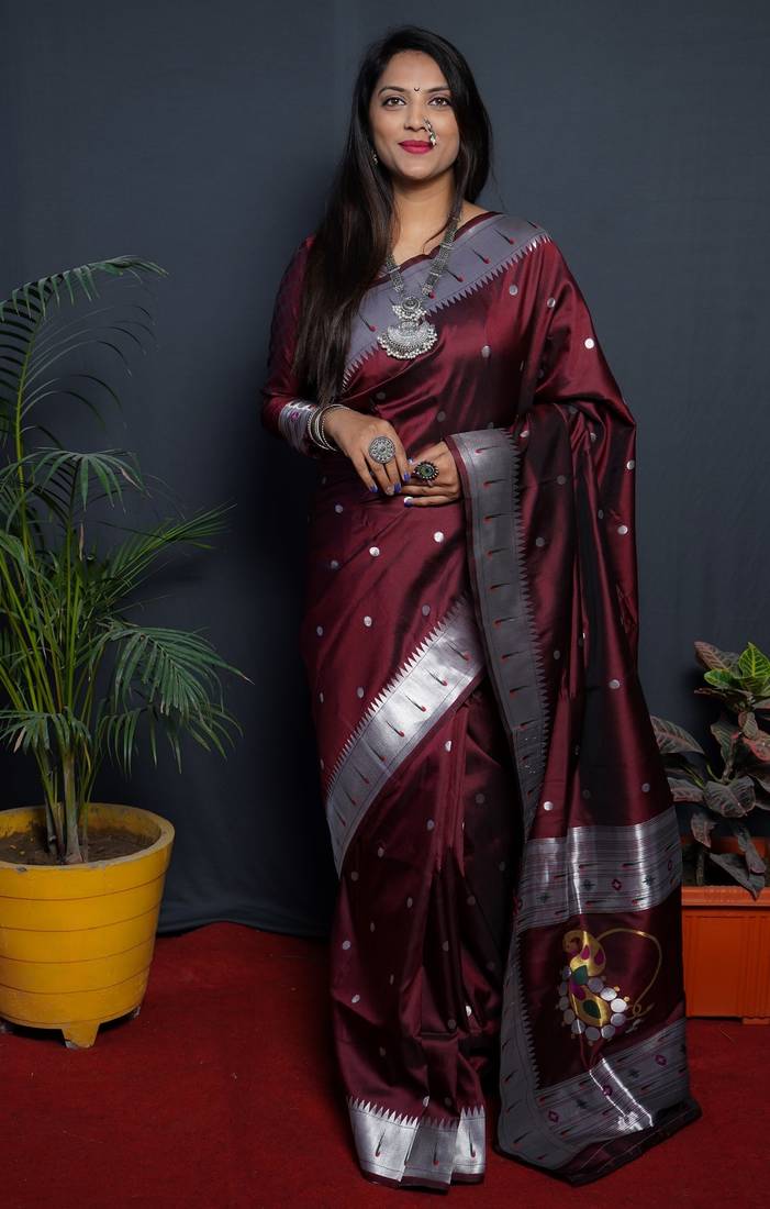 Maroon soft silk blend banarasi jacuard work designer party wear saree with unstitched blouse piece