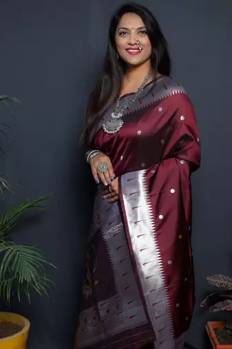 Maroon silk blend banarasi saree with unstitched blouse piece