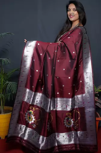 Maroon silk blend banarasi saree with unstitched blouse piece