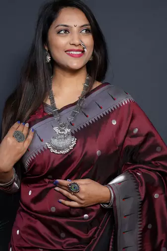 Maroon silk blend banarasi saree with unstitched blouse piece