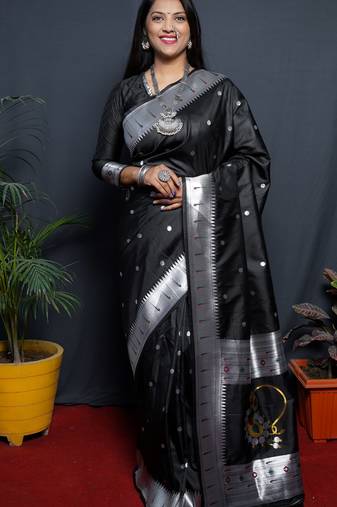 Black soft silk blend banarasi jacuard work designer party wear saree with unstitched blouse piece