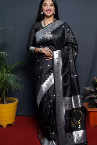 Black soft silk blend banarasi jacuard work designer party wear saree with unstitched blouse piece
