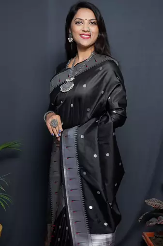 Black silk blend banarasi saree with unstitched blouse piece