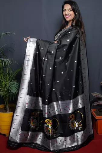 Black silk blend banarasi saree with unstitched blouse piece