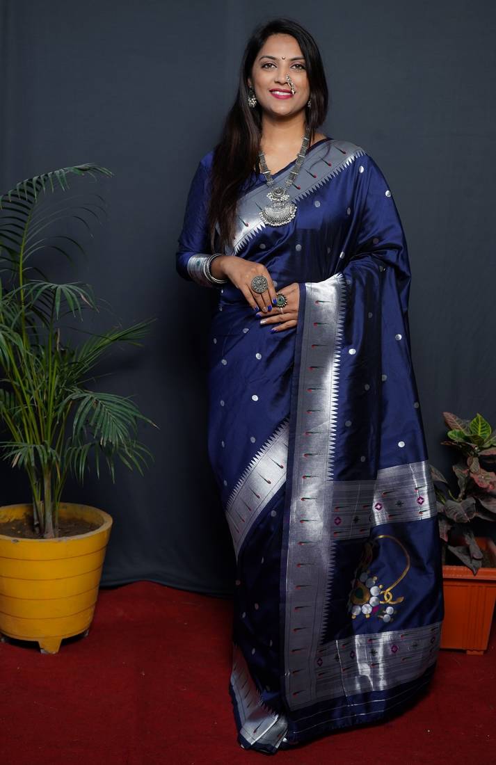 Neavy blue soft silk blend banarasi jacuard work designer party wear saree with unstitched blouse piece