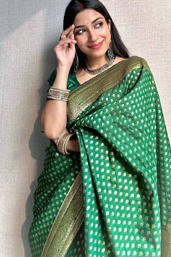Green  soft silk blend banarasi jacuard work designer party wear saree with unstitched blouse piece