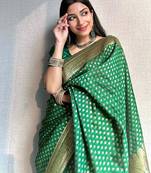 Green  soft silk blend banarasi jacuard work designer party wear saree with unstitched blouse piece