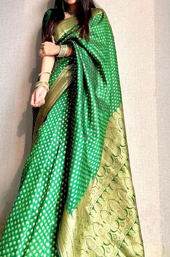 Green silk blend banarasi saree with unstitched blouse piece