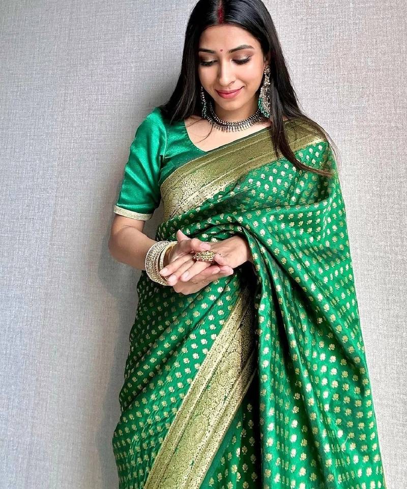 Green  soft silk blend banarasi jacuard work designer party wear saree with unstitched blouse piece