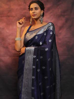 Neavy blue silk blend banarasi saree with unstitched blouse piece 1