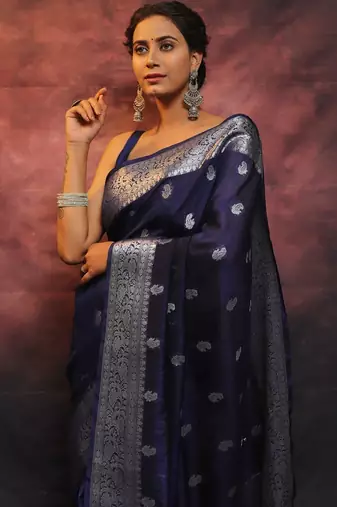 Neavy blue soft silk blend banarasi jacuard work designer party wear saree with unstitched blouse piece