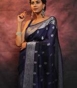 Neavy blue soft silk blend banarasi jacuard work designer party wear saree with unstitched blouse piece