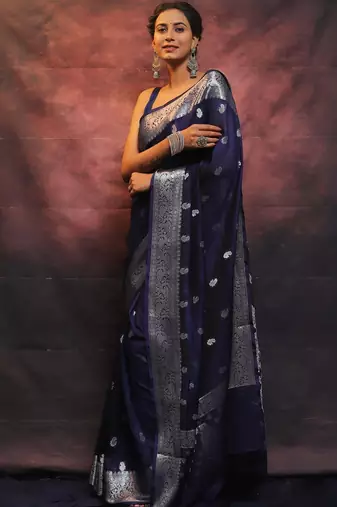 Neavy blue silk blend banarasi saree with unstitched blouse piece