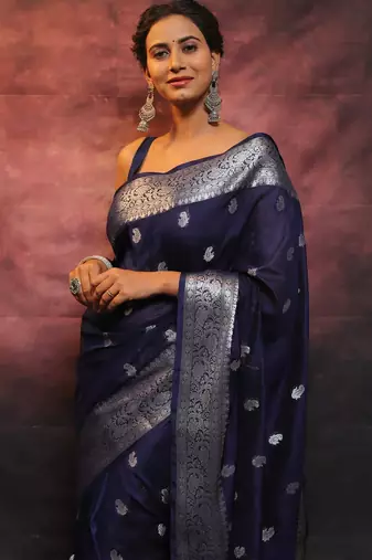 Neavy blue silk blend banarasi saree with unstitched blouse piece
