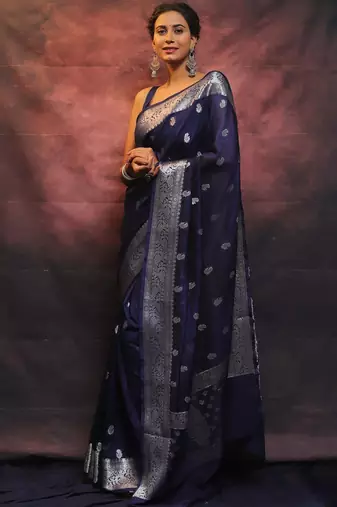 Neavy blue silk blend banarasi saree with unstitched blouse piece