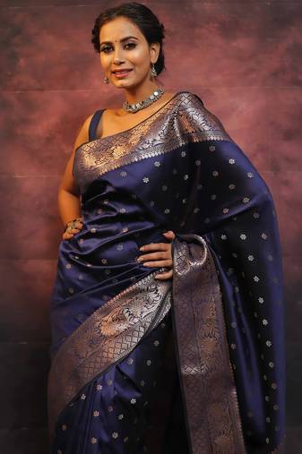 Neavy blue  soft silk blend banarasi jacuard work designer party wear saree with unstitched blouse piece