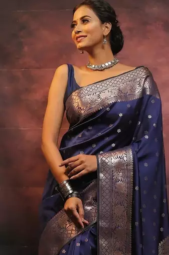 Neavy blue silk blend banarasi saree with unstitched blouse piece