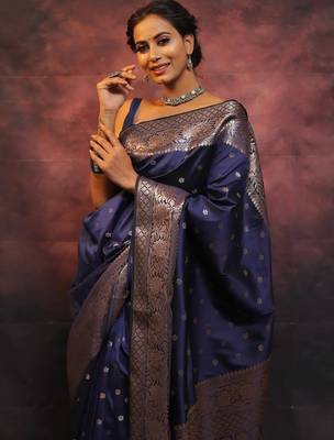 Neavy blue silk blend banarasi saree with unstitched blouse piece 3