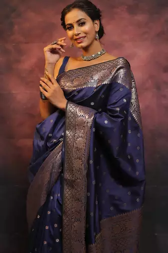 Neavy blue silk blend banarasi saree with unstitched blouse piece