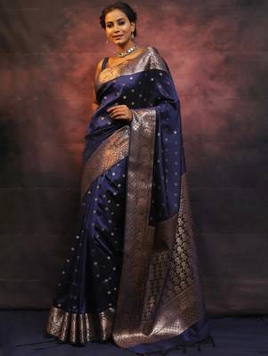 Neavy blue silk blend banarasi saree with unstitched blouse piece 4