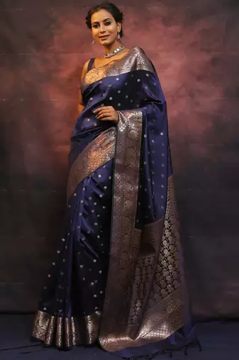 Neavy blue silk blend banarasi saree with unstitched blouse piece