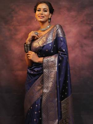 Neavy blue silk blend banarasi saree with unstitched blouse piece 5