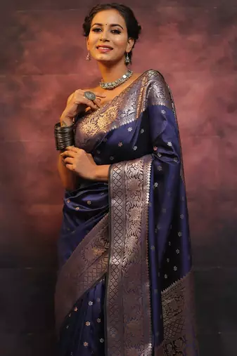 Neavy blue silk blend banarasi saree with unstitched blouse piece