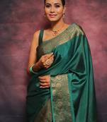 Green  soft silk blend banarasi jacuard work designer party wear saree with unstitched blouse piece