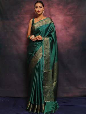 Green silk blend banarasi saree with unstitched blouse piece 3
