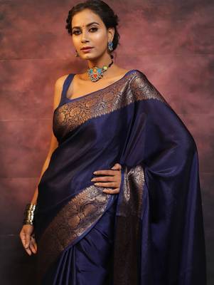 Neavy blue silk blend banarasi saree with unstitched blouse piece 1