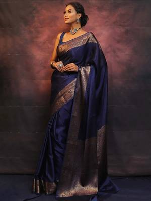 Neavy blue silk blend banarasi saree with unstitched blouse piece 2