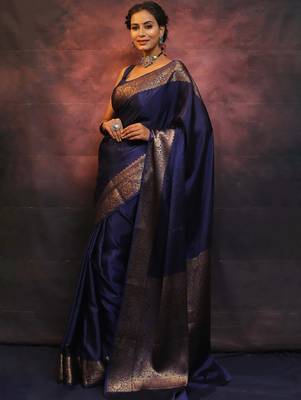Neavy blue silk blend banarasi saree with unstitched blouse piece 3
