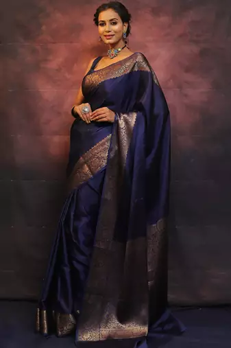Neavy blue silk blend banarasi saree with unstitched blouse piece