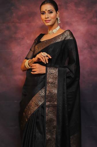 Black soft silk blend banarasi jacuard work designer party wear saree with unstitched blouse piece