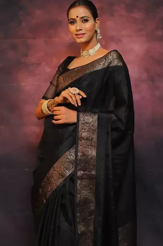 Black soft silk blend banarasi jacuard work designer party wear saree with unstitched blouse piece