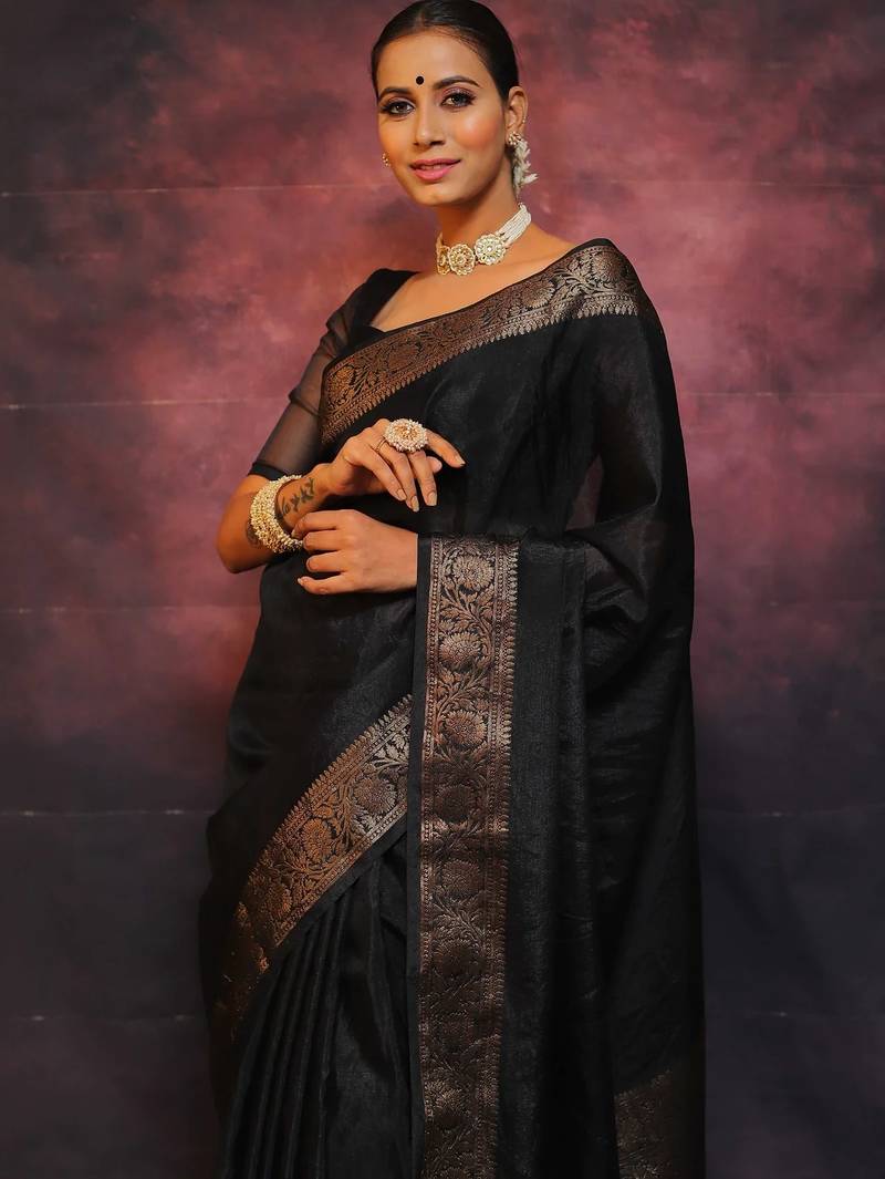 Black soft silk blend banarasi jacuard work designer party wear saree with unstitched blouse piece
