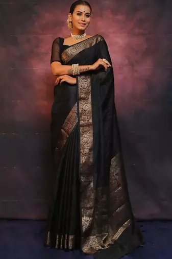 Black silk blend banarasi saree with unstitched blouse piece