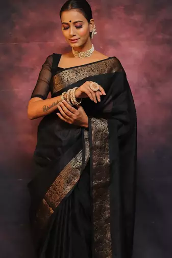 Black silk blend banarasi saree with unstitched blouse piece