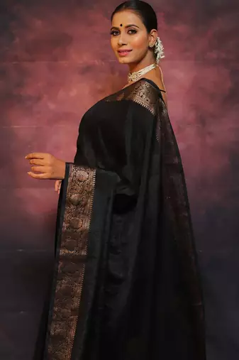 Black silk blend banarasi saree with unstitched blouse piece
