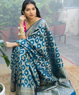 Rama pink silk blend banarasi saree with unstitched blouse piece 1