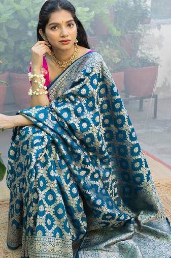 Rama pink soft silk blend banarasi jacuard work designer party wear saree with unstitched blouse piece