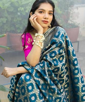 Rama pink silk blend banarasi saree with unstitched blouse piece 2