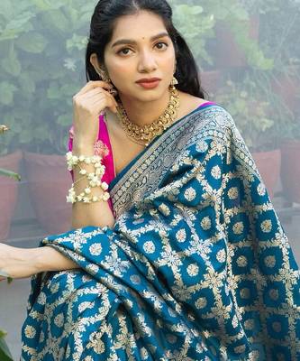 Rama pink silk blend banarasi saree with unstitched blouse piece 3